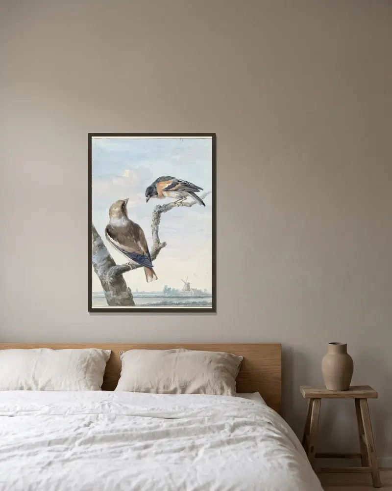 Twee vogels; een appelvink (Coccothraustes coccothraustes) en een keep (Fringilla montifringilla) av Aert Schouman inramad på en vägg