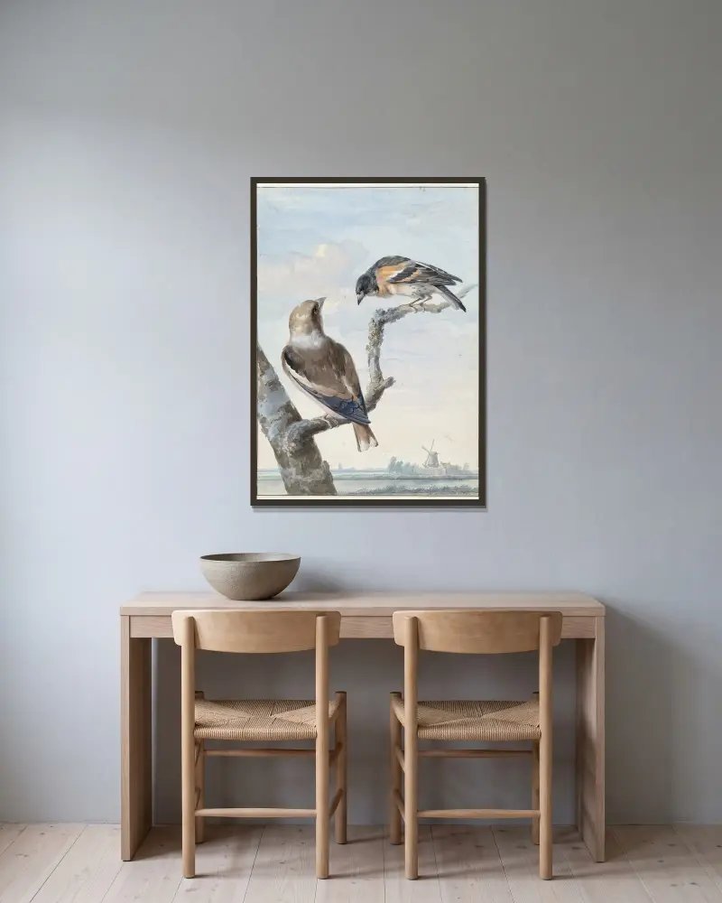 Twee vogels; een appelvink (Coccothraustes coccothraustes) en een keep (Fringilla montifringilla) av Aert Schouman inramad på en vägg