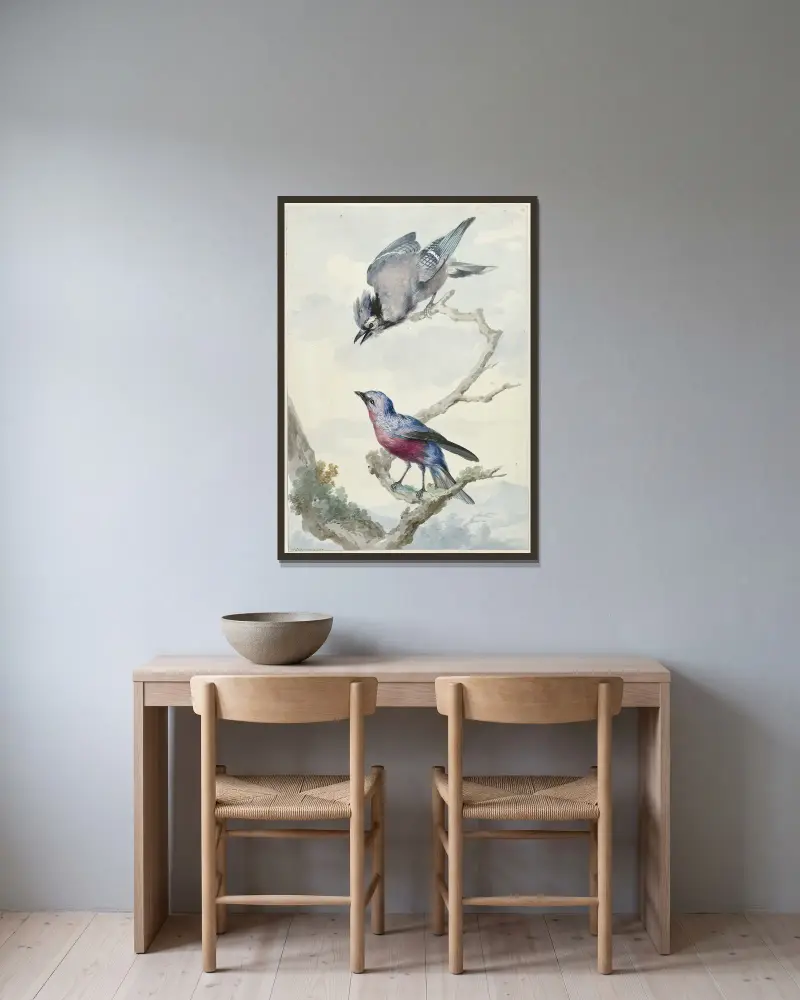 Twee vogels; een blauwe gaai en een purperborstcotinga av Aert Schouman inramad på en vägg