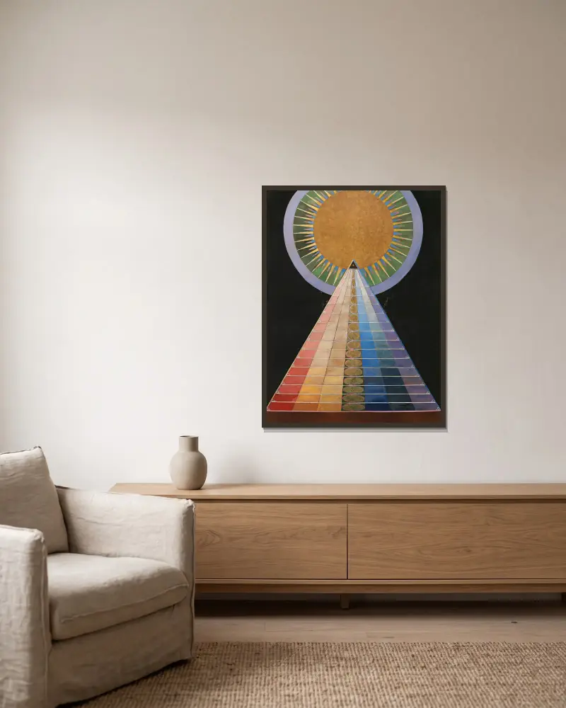 Altarbild Nr. 1, Gruppe X von Hilma af Klint gerahmt an einer Wand