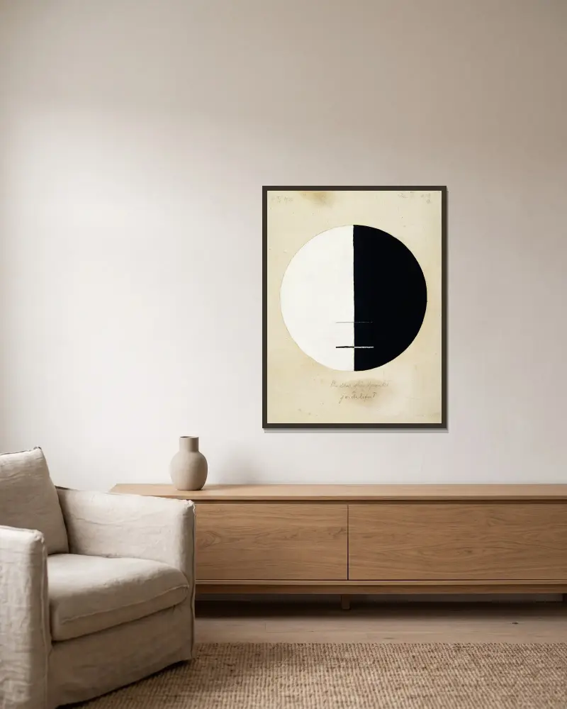 Buddhas ståndpunkt i det jordiska livet nr 3 av Hilma af Klint inramad på en vägg