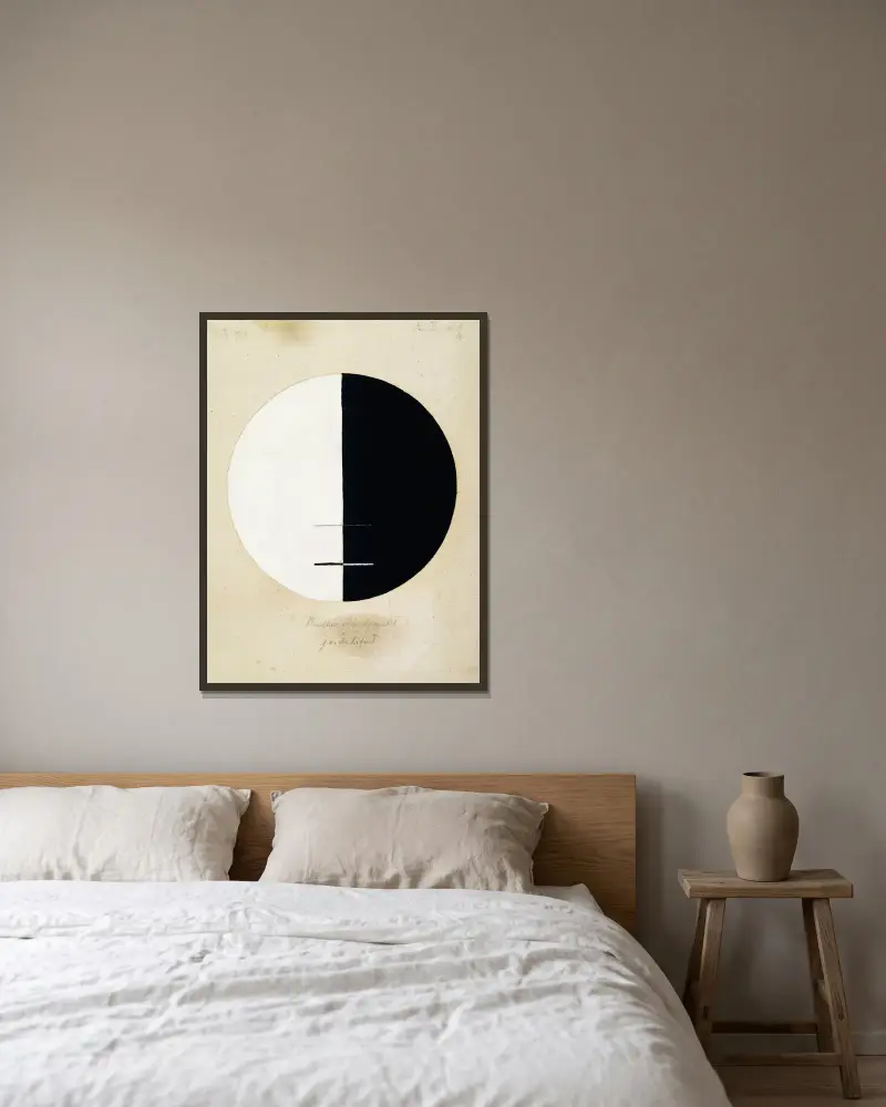 Buddhas ståndpunkt i det jordiska livet nr 3 av Hilma af Klint inramad på en vägg