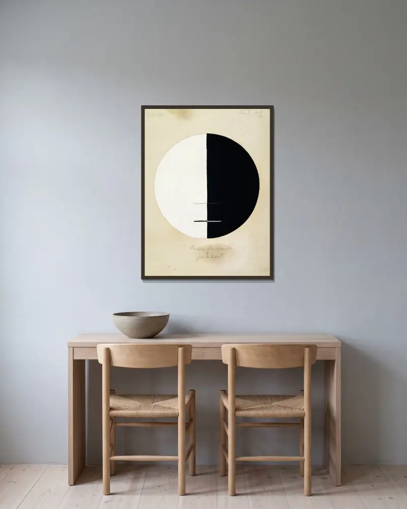 Buddhas ståndpunkt i det jordiska livet nr 3 av Hilma af Klint inramad på en vägg