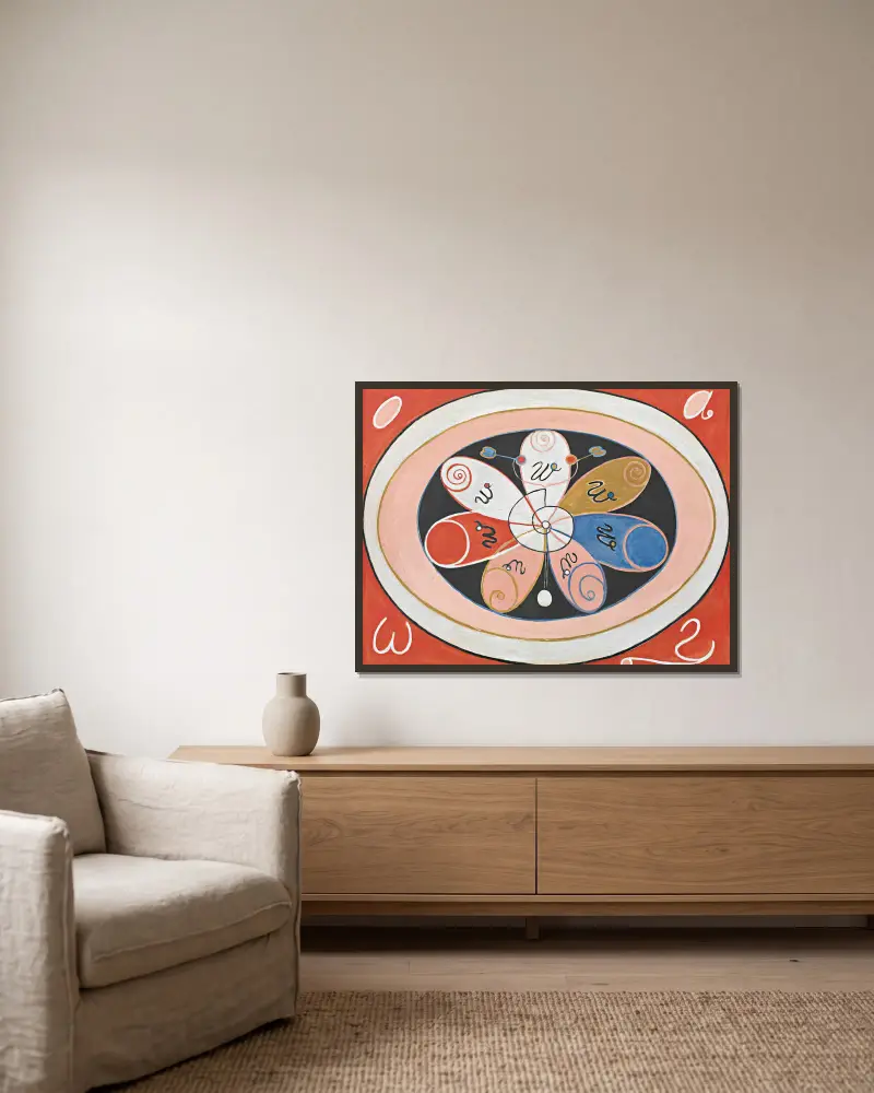 Evolution, nr 15, Grupp IV, De sjuuddiga stjärnorna av Hilma af Klint inramad på en vägg