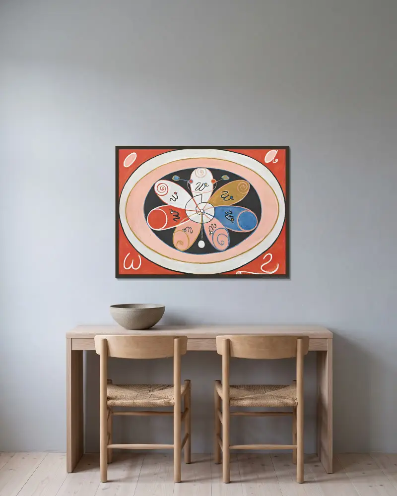 Evolution, nr 15, Grupp IV, De sjuuddiga stjärnorna av Hilma af Klint inramad på en vägg
