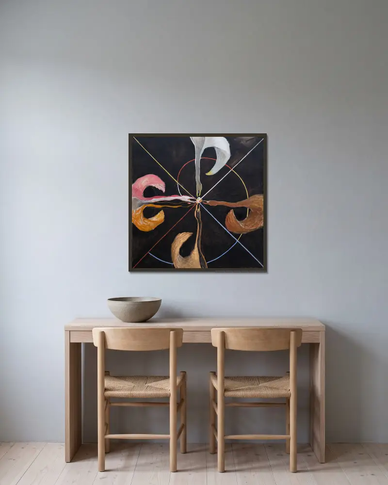 Grupp IX SUW, Svanen nr 7 av Hilma af Klint inramad på en vägg