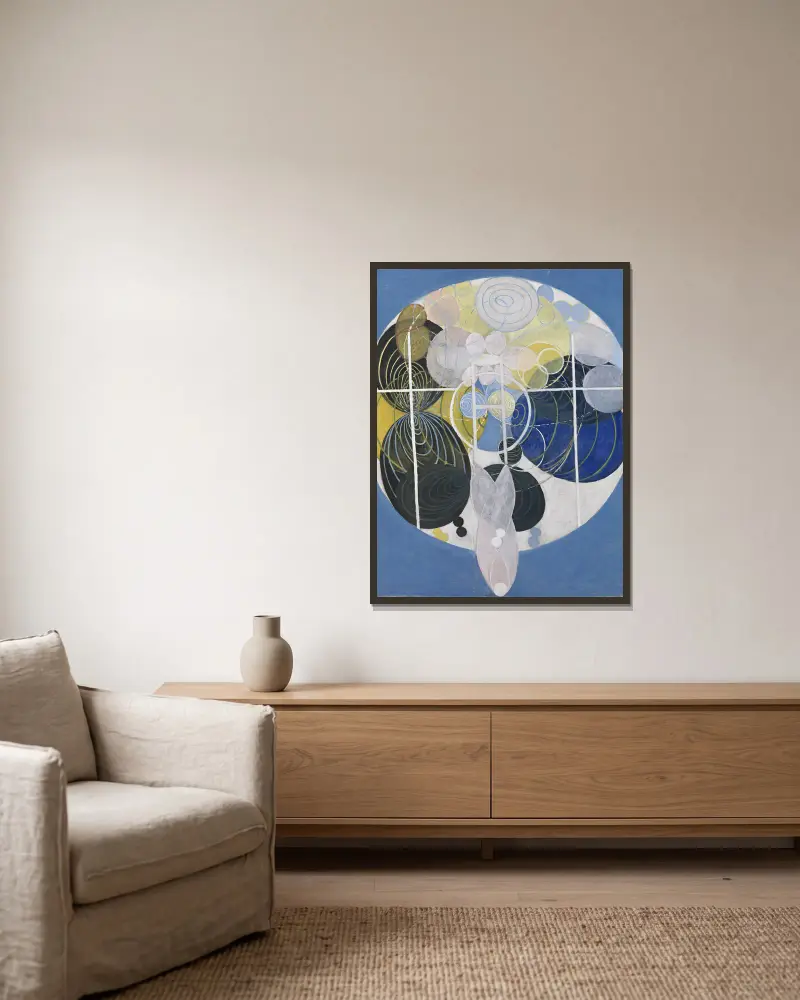 De stora figurmålningarna, nr 5, grupp 3 av Hilma af Klint inramad på en vägg