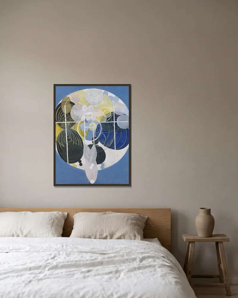 De stora figurmålningarna, nr 5, grupp 3 av Hilma af Klint inramad på en vägg