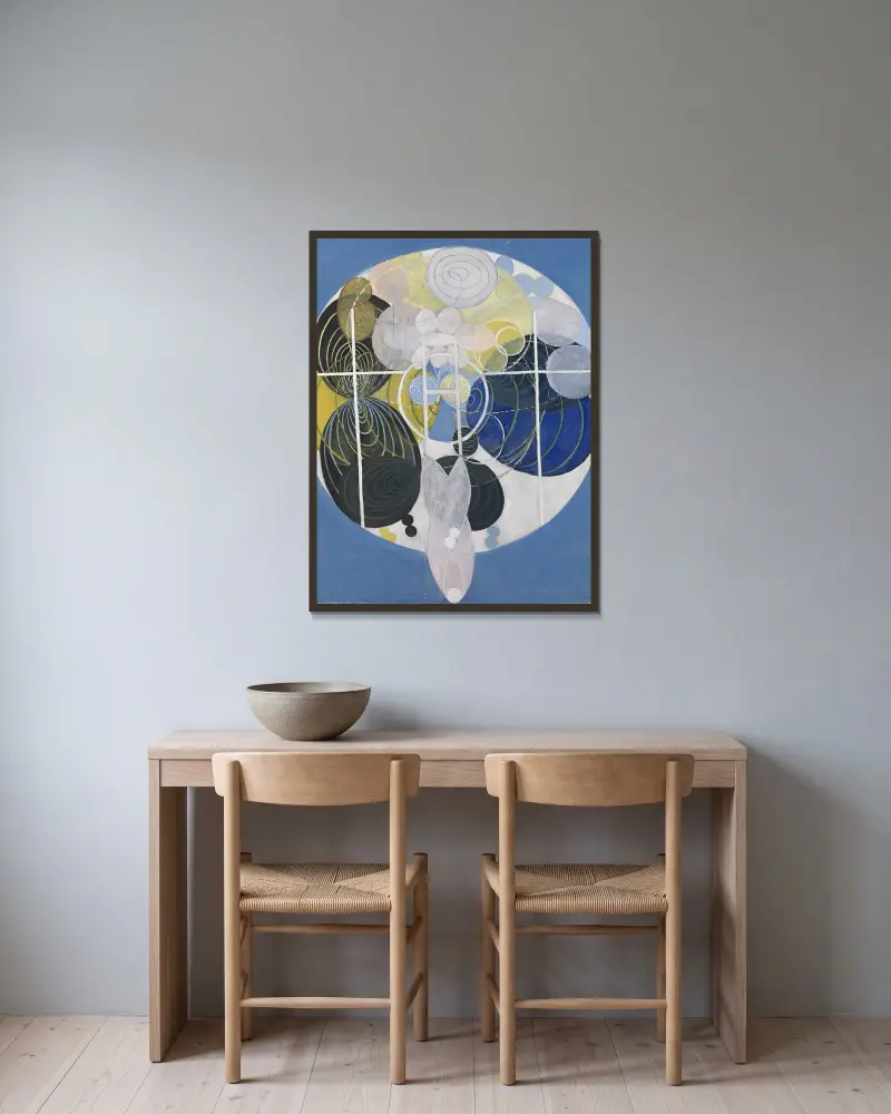 De stora figurmålningarna, nr 5, grupp 3 av Hilma af Klint inramad på en vägg