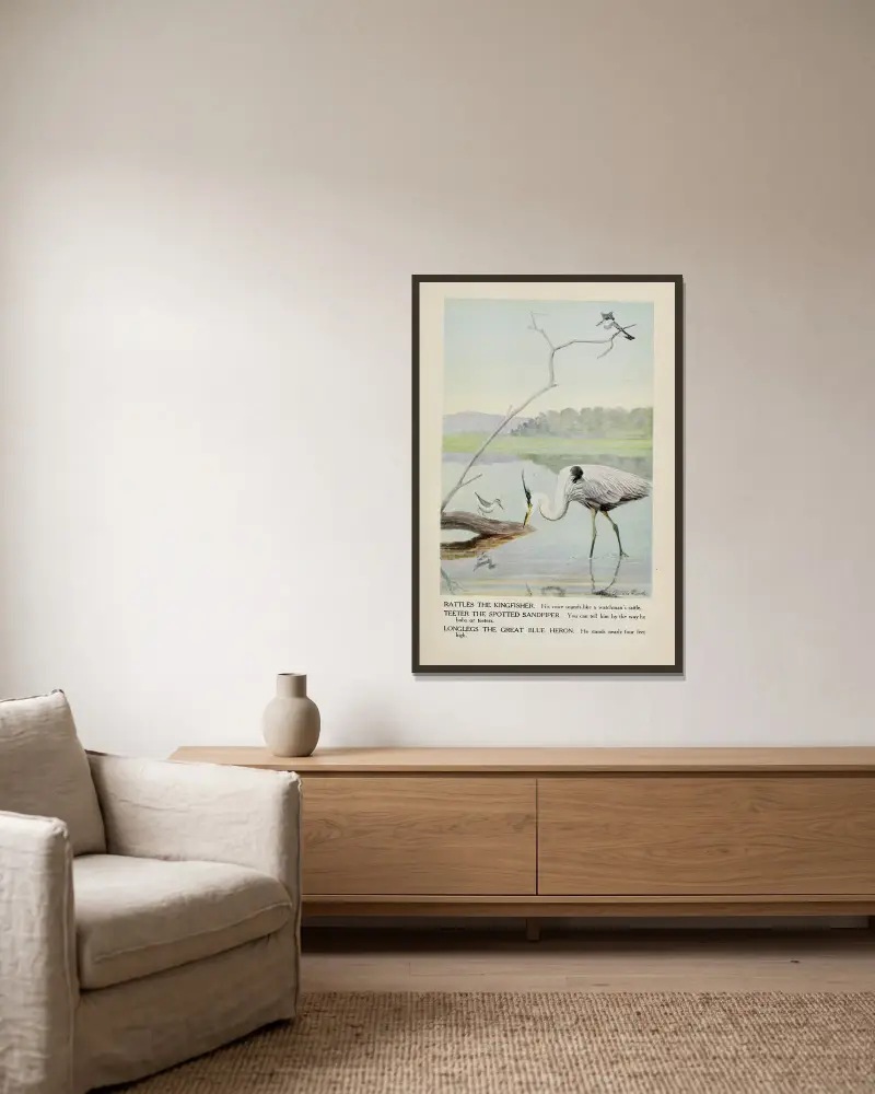 Rattles the Kingfisher, Teeter the Spotted Sandpiper, Longlegs the Great Blue Heron av Louis Agassiz Fuertes inramad på en vägg