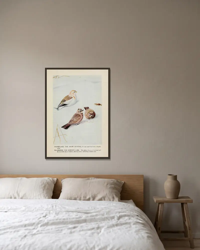 Snowflake the Snow Bunting, Wanderer the Horned Lark av Louis Agassiz Fuertes inramad på en vägg