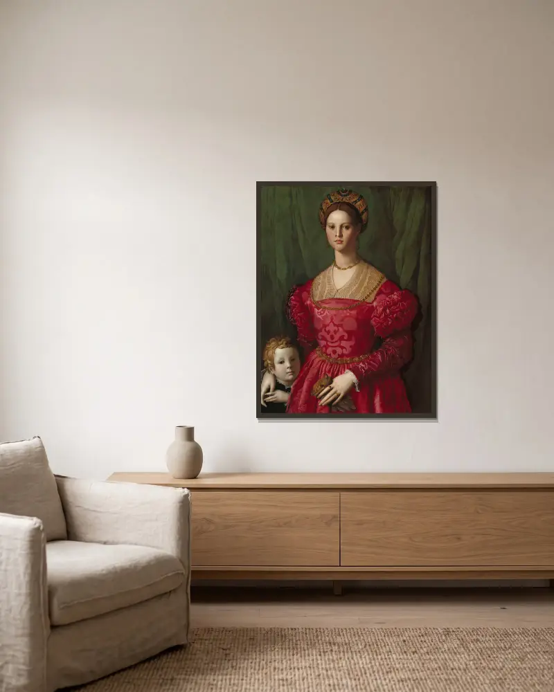 A Young Woman and Her Little Boy av Agnolo Bronzino inramad på en vägg