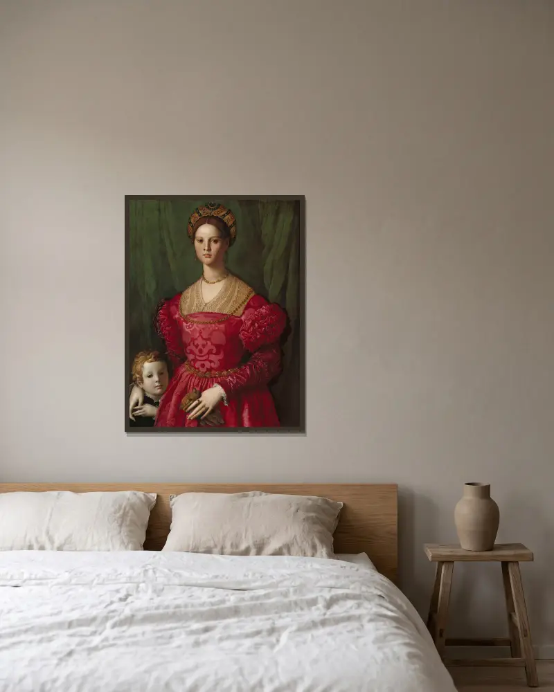 A Young Woman and Her Little Boy av Agnolo Bronzino inramad på en vägg