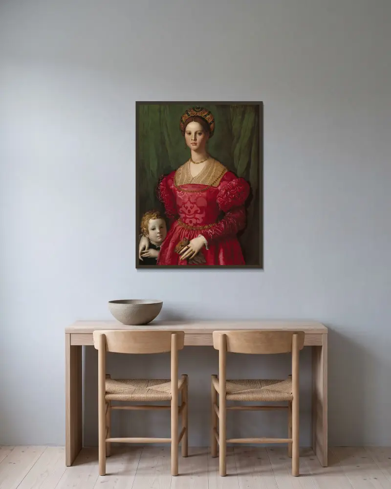 A Young Woman and Her Little Boy av Agnolo Bronzino inramad på en vägg