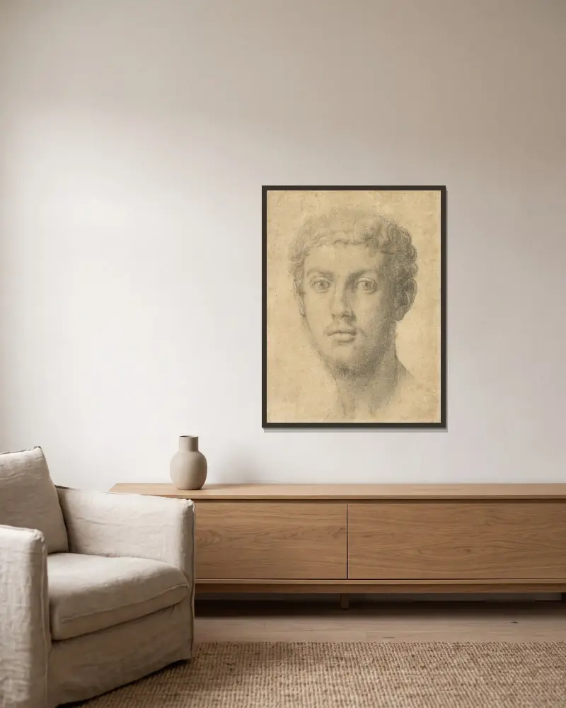 Head of a Man av Agnolo Bronzino inramad på en vägg