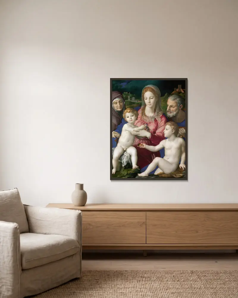 Holy Family with St. Anne and the Infant St. John av Agnolo Bronzino inramad på en vägg