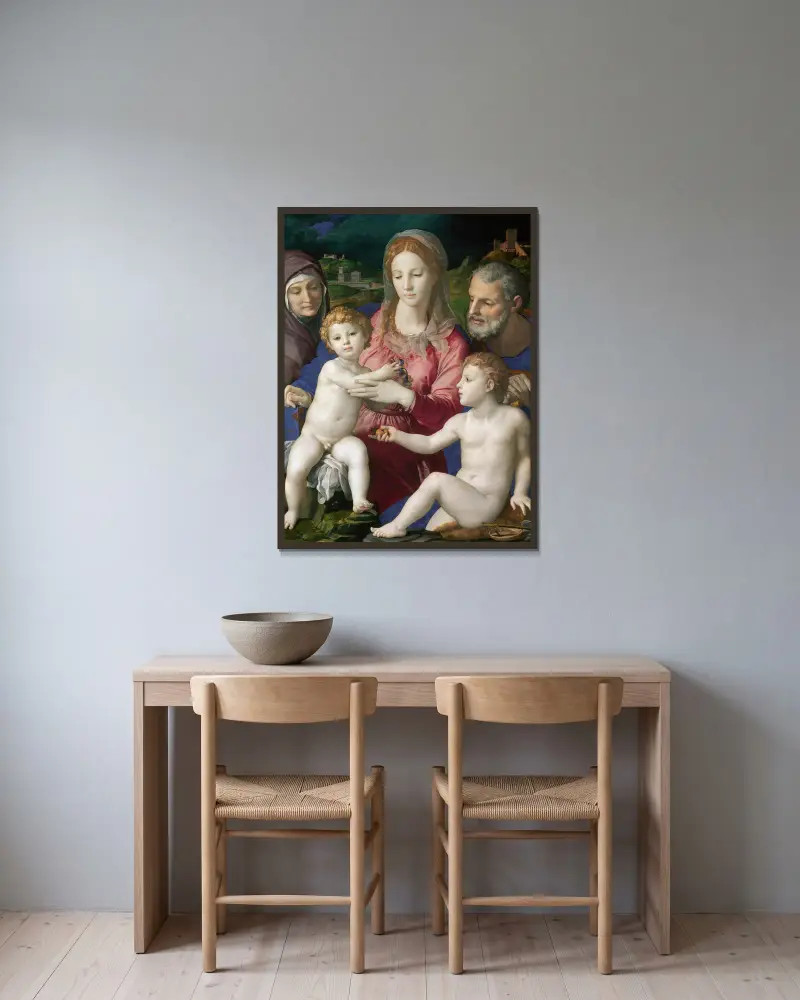 Holy Family with St. Anne and the Infant St. John av Agnolo Bronzino inramad på en vägg