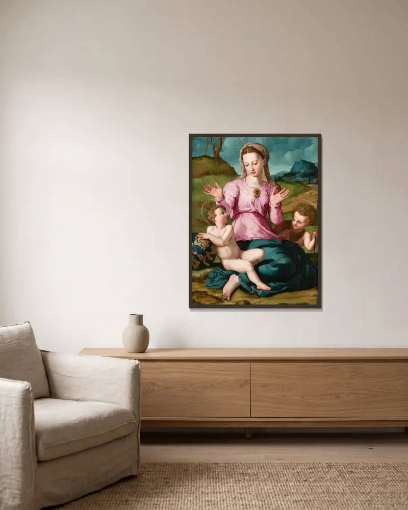 Madonna and Child with Saint John the Baptist av Agnolo Bronzino inramad på en vägg
