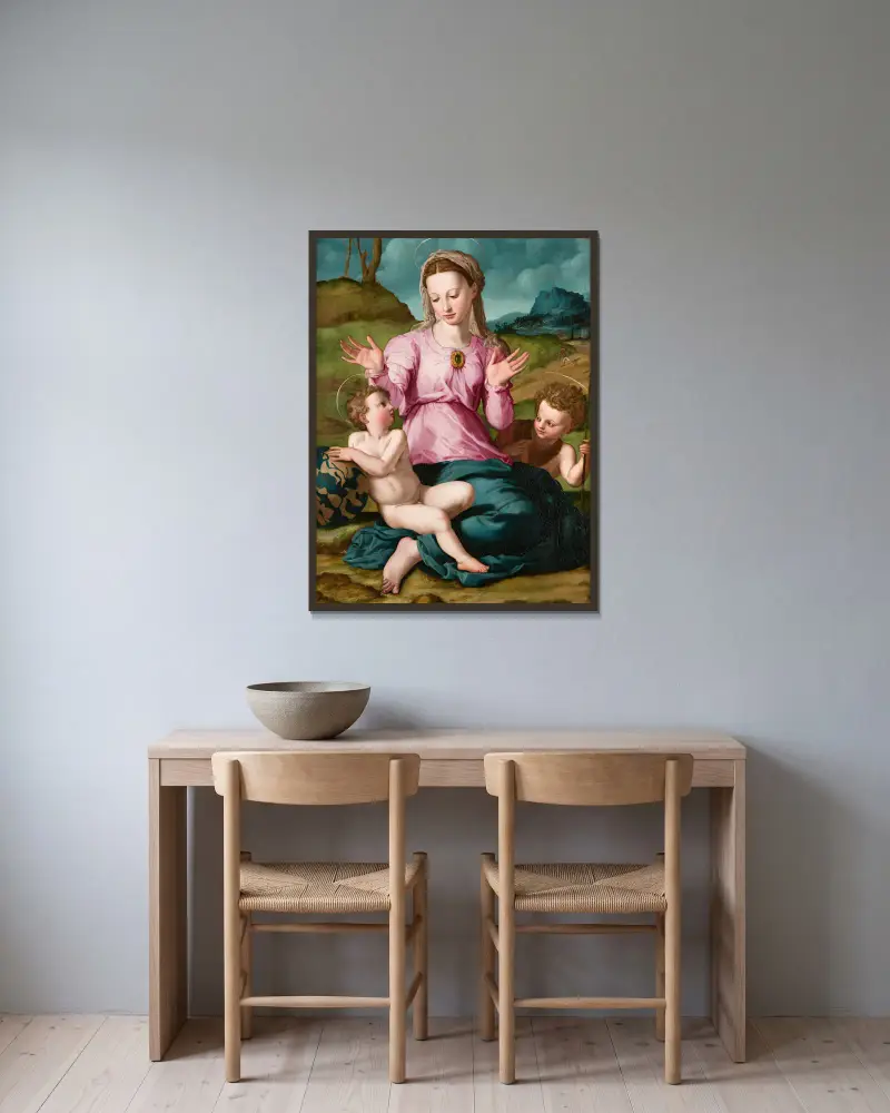 Madonna and Child with Saint John the Baptist av Agnolo Bronzino inramad på en vägg