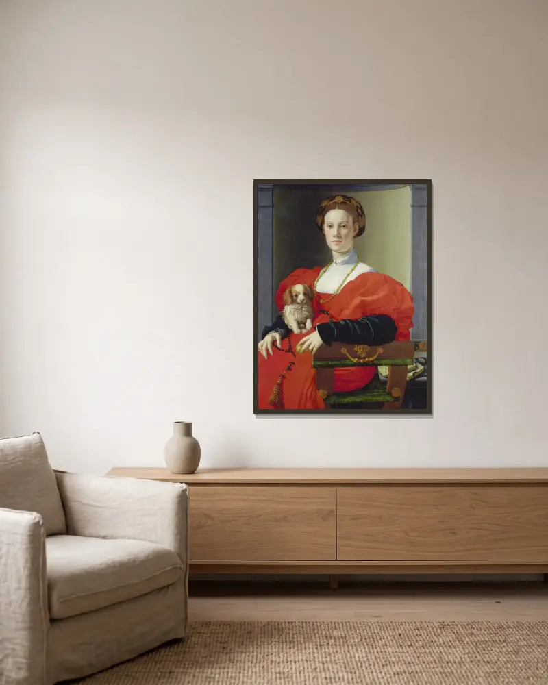 Portrait of a Lady in Red (Francesca Salviati) av Agnolo Bronzino inramad på en vägg