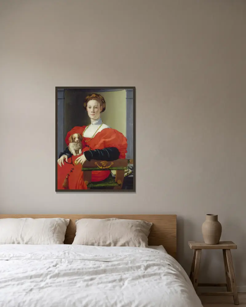 Portrait of a Lady in Red (Francesca Salviati) av Agnolo Bronzino inramad på en vägg