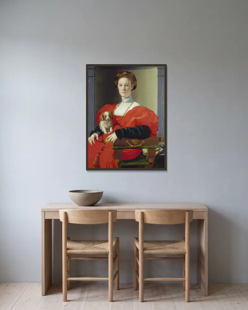 Portrait of a Lady in Red (Francesca Salviati) av Agnolo Bronzino inramad på en vägg