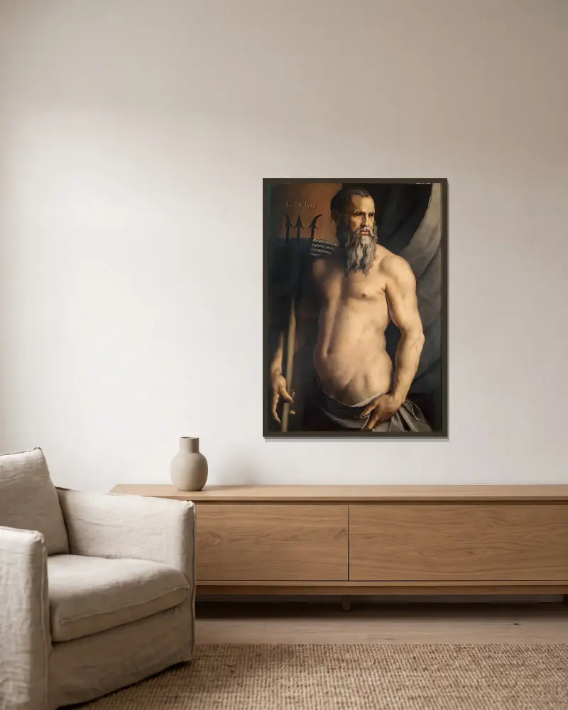 Portrait Of Andrea Doria As Neptune av Agnolo Bronzino inramad på en vägg
