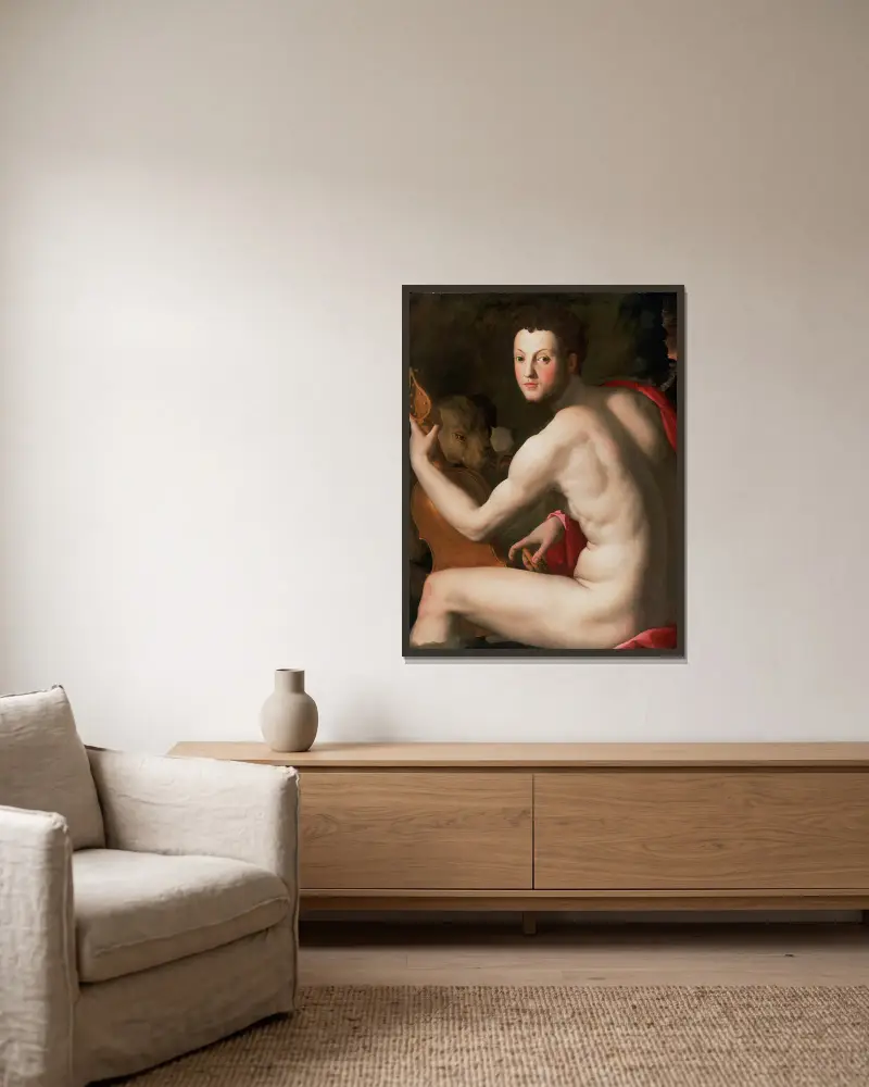 Portrait of Cosimo I de’ Medici as Orpheus av Agnolo Bronzino inramad på en vägg