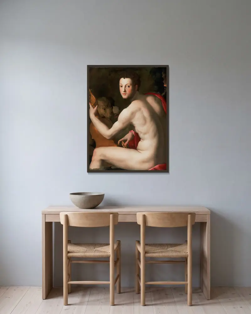 Portrait of Cosimo I de’ Medici as Orpheus av Agnolo Bronzino inramad på en vägg