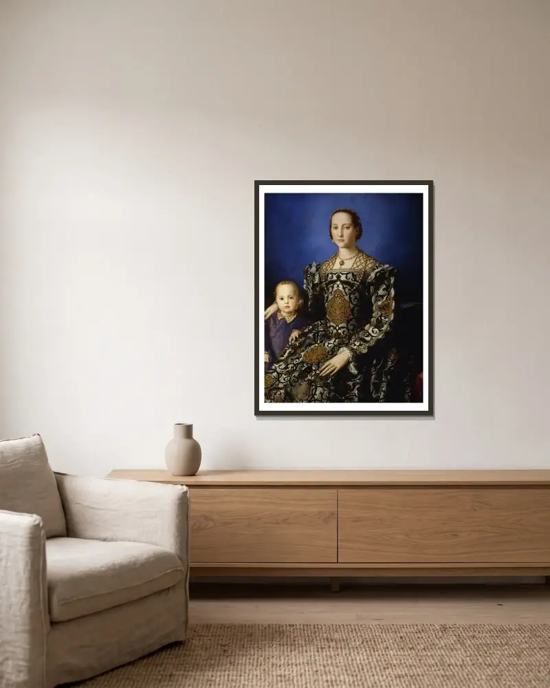 Portrait Of Eleanor Of Toledo With Her Son Giovanni De’ Medici av Agnolo Bronzino inramad på en vägg