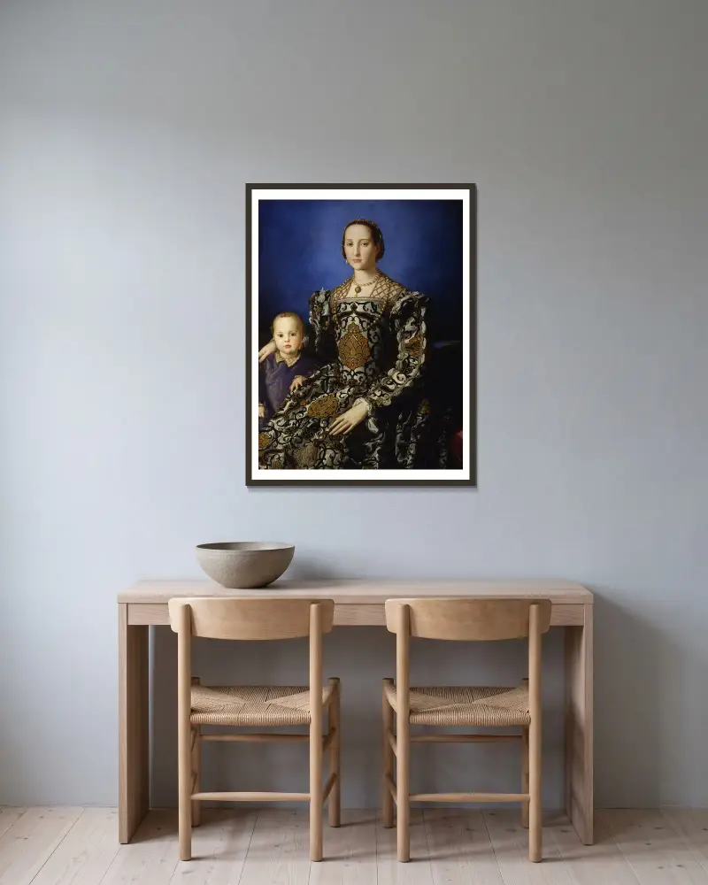 Portrait Of Eleanor Of Toledo With Her Son Giovanni De’ Medici av Agnolo Bronzino inramad på en vägg