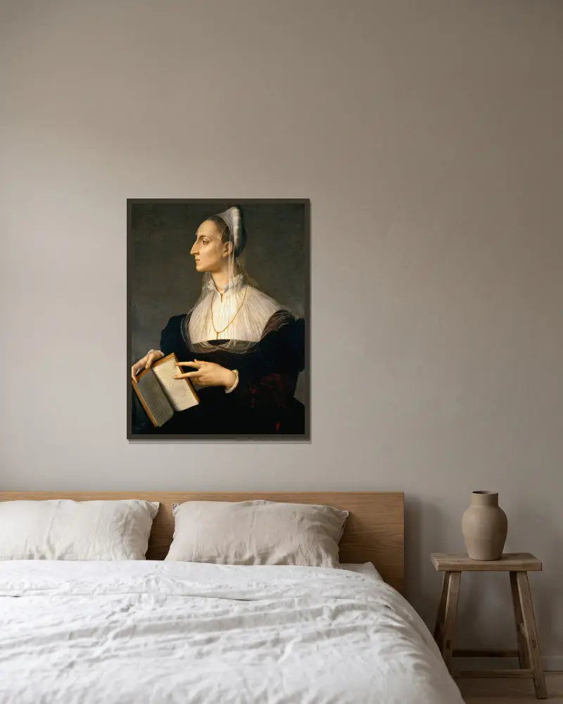 Portrait Of Laura Battiferri av Agnolo Bronzino inramad på en vägg