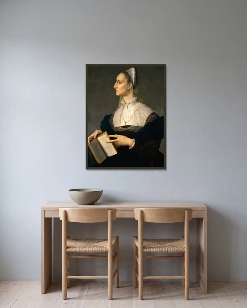 Portrait Of Laura Battiferri av Agnolo Bronzino inramad på en vägg