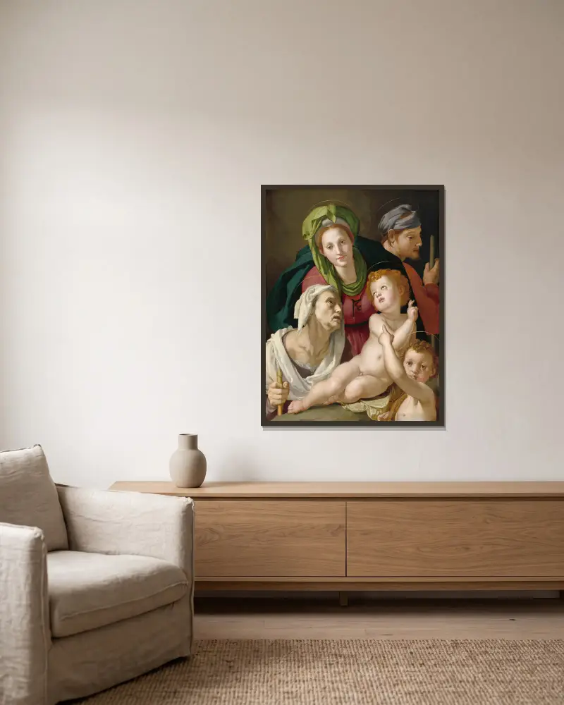 The Holy Family av Agnolo Bronzino inramad på en vägg