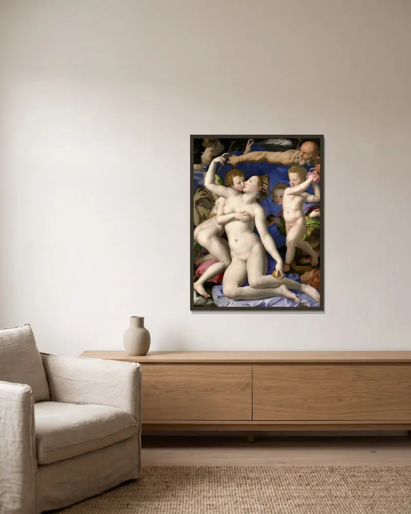 Venus, Cupid, Folly and Time av Agnolo Bronzino inramad på en vägg