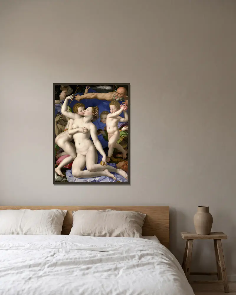Venus, Cupid, Folly and Time av Agnolo Bronzino inramad på en vägg