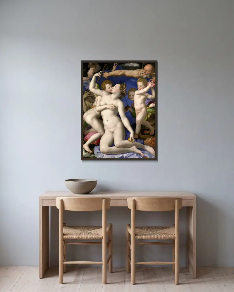 Venus, Cupid, Folly and Time av Agnolo Bronzino inramad på en vägg