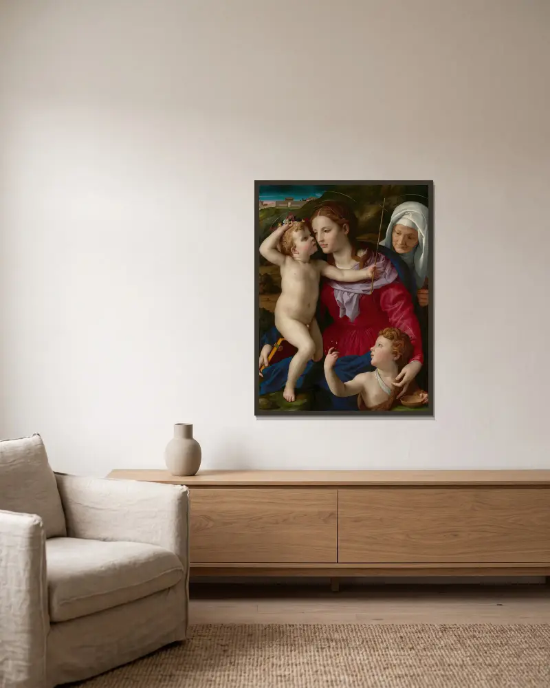Madonnan med barnet, Elisabet och Johannes Döparen av Agnolo Bronzino inramad på en vägg