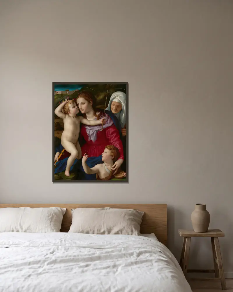 Madonnan med barnet, Elisabet och Johannes Döparen av Agnolo Bronzino inramad på en vägg