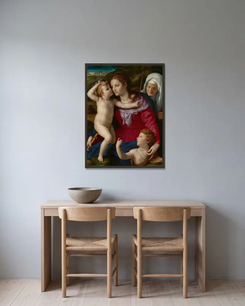 Madonnan med barnet, Elisabet och Johannes Döparen av Agnolo Bronzino inramad på en vägg