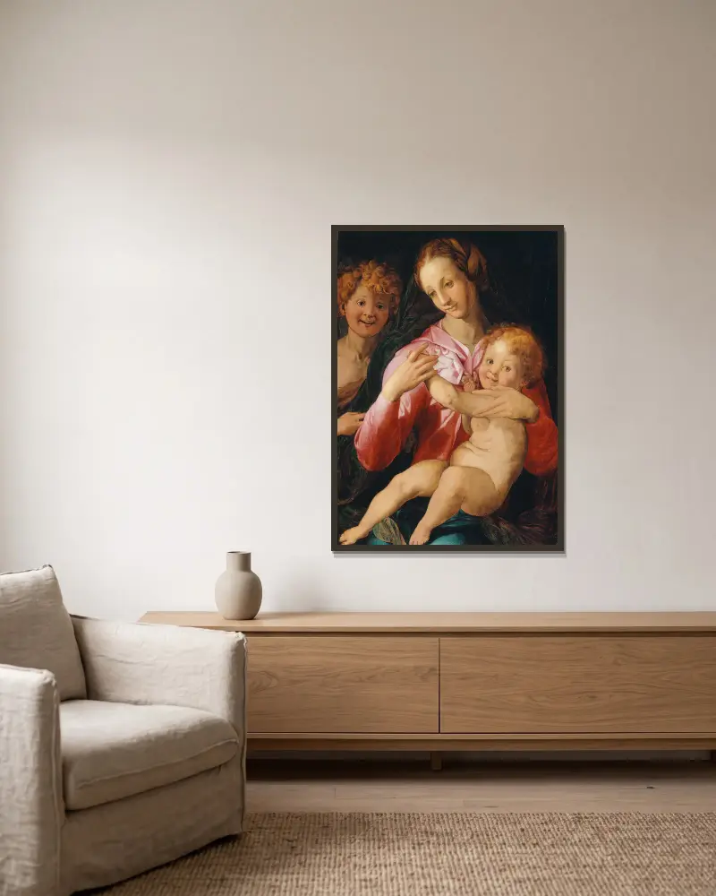 Madonnan med barnet och den unge Johannes Döparen av Agnolo Bronzino inramad på en vägg