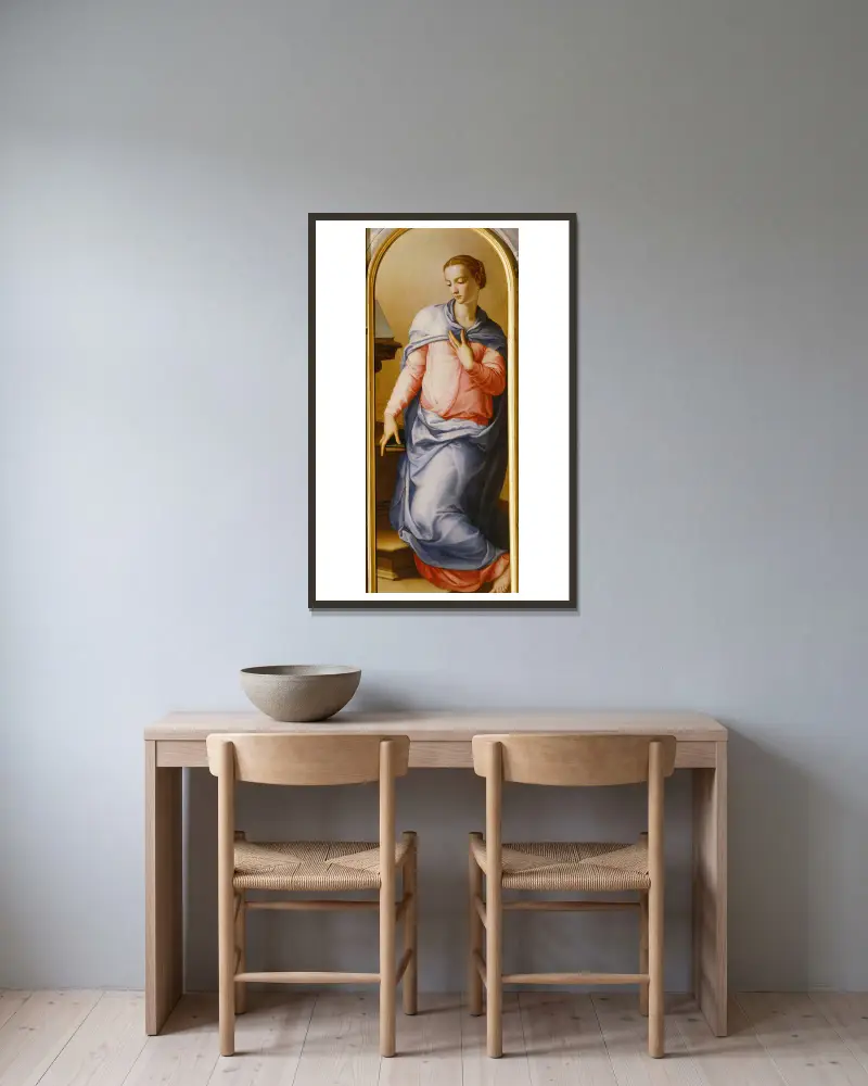 Virgin of the Annunciation av Agnolo Bronzino inramad på en vägg