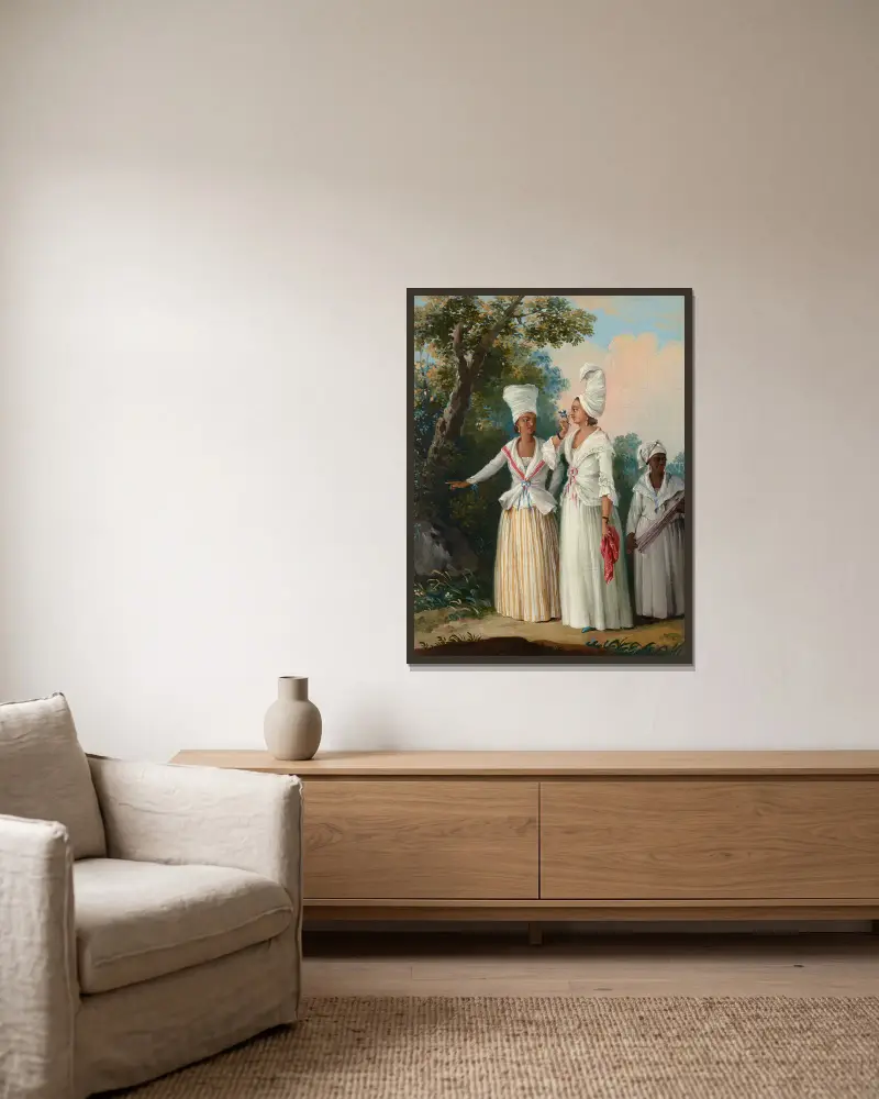 Flower girls of Dominica av Agostino Brunias inramad på en vägg