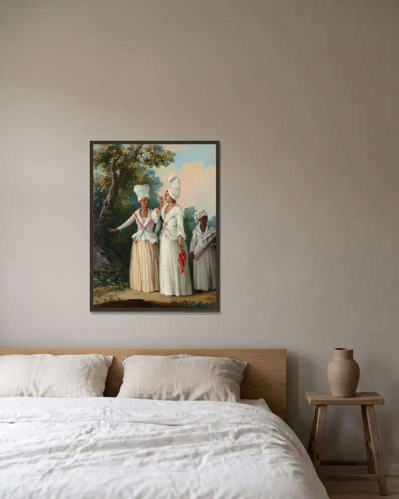 Flower girls of Dominica av Agostino Brunias inramad på en vägg