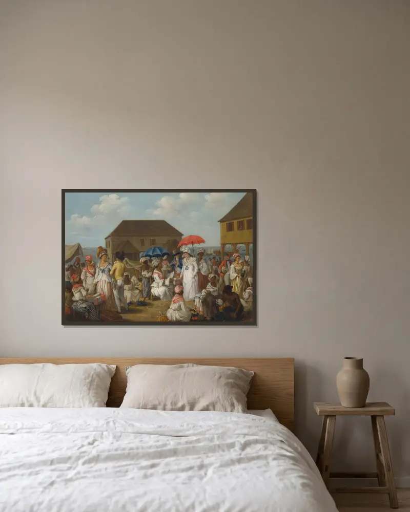 Linen Market, Dominica av Agostino Brunias inramad på en vägg