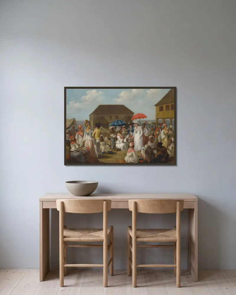 Linen Market, Dominica av Agostino Brunias inramad på en vägg