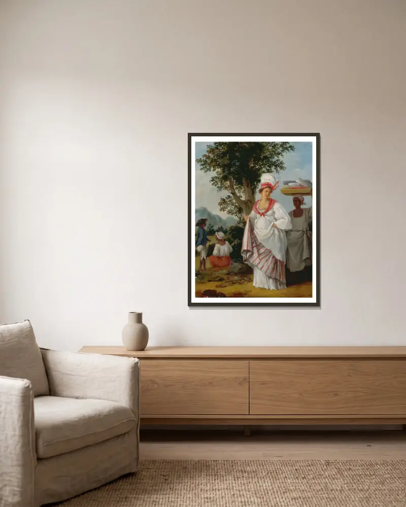 Westindische Kreolenfrau mit ihrem schwarzen Diener von Agostino Brunias gerahmt an einer Wand