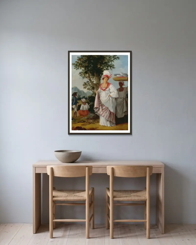 Westindische Kreolenfrau mit ihrem schwarzen Diener von Agostino Brunias gerahmt an einer Wand