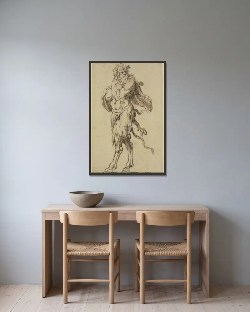 Old satyr to the left av Agostino Carracci inramad på en vägg