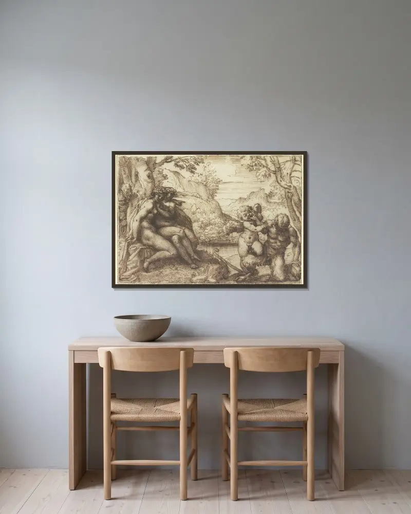 Omnia vincit Amor von Agostino Carracci gerahmt an einer Wand